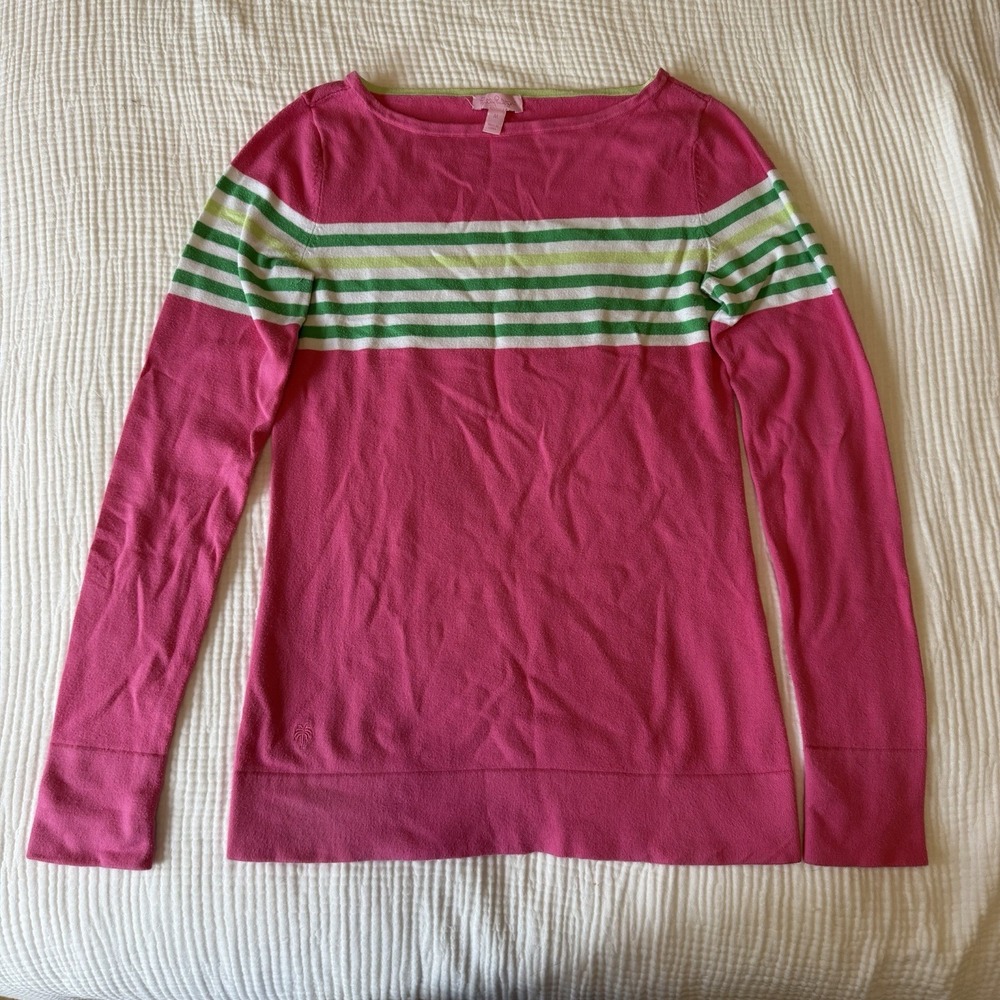 Lilly Pulitzer Maria Boatneck Sweater (M) Pink Green Striped Preppy Colorful